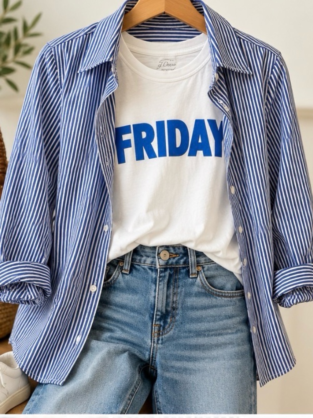 J. Crew White Tee with Bold Blue "FRIDAY" and Blue Striped Shirt Top & Tee Bonus